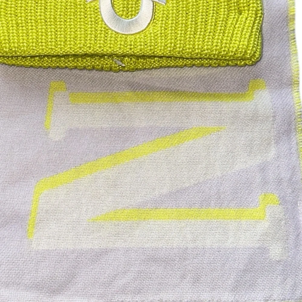 NWT True Religion Neon Yellow Hat and Scarf Set All Over Logo Fringe Comfy